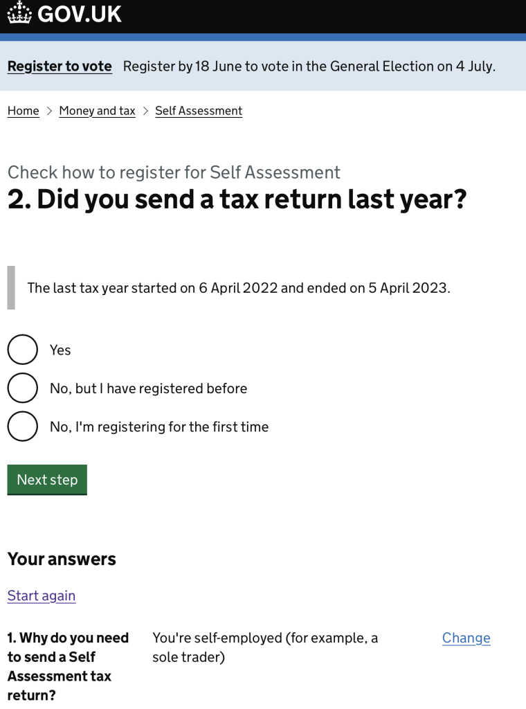 Screen gab. 'Did you send a tax return last year?' page. On gov dot uk