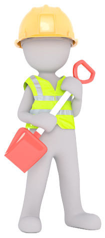 A generic construction working wearing a yellow hard hat and carrying a spade