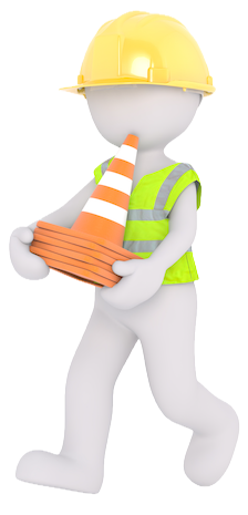 A generic construction working wearing a yellow hard hat and carrying some cones