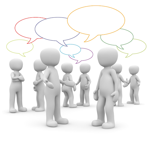 Three pairs of people with speech balloons above their heads