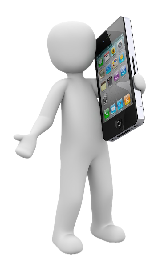 A stick person phoning with a massive phone