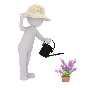 A stick person wearing a sun hat and watering a plant