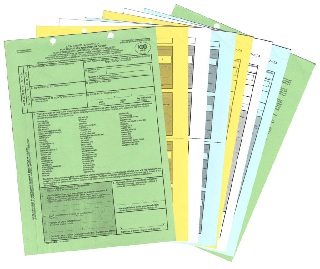 ATA Carnet showing lots of copies on different coloured paper.