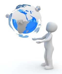 A stick person juggling a globe with a house in three different continents