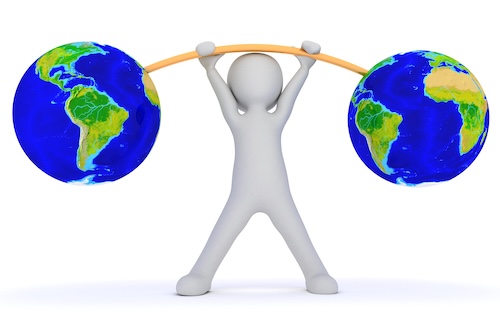 A stick person straining to lift  weights. The barbells are globes.