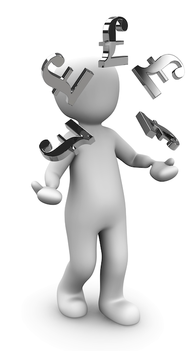 A stick person juggling money