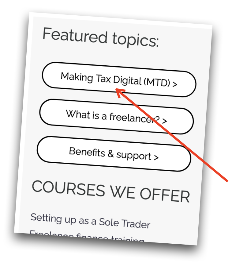 A red arrow pointing at the Making Tax Digital section on David's website.